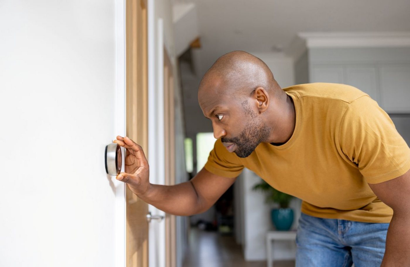 Checking a home's thermostat and indoor temperature during a visit